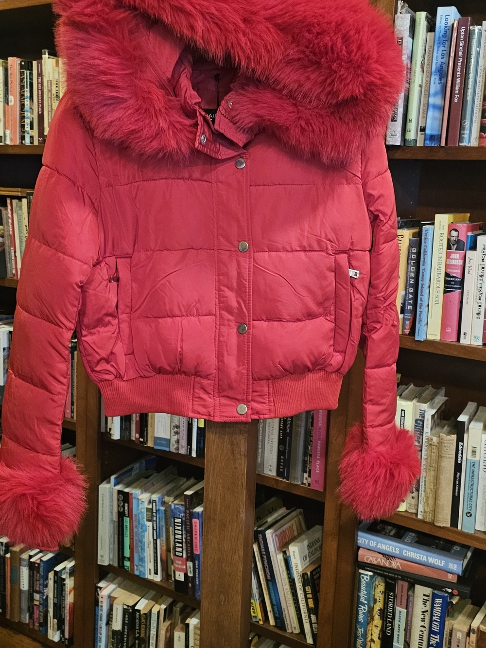 Women’s Red Cropped Puffer Jacket with Faux Fur Hood and Cuffs